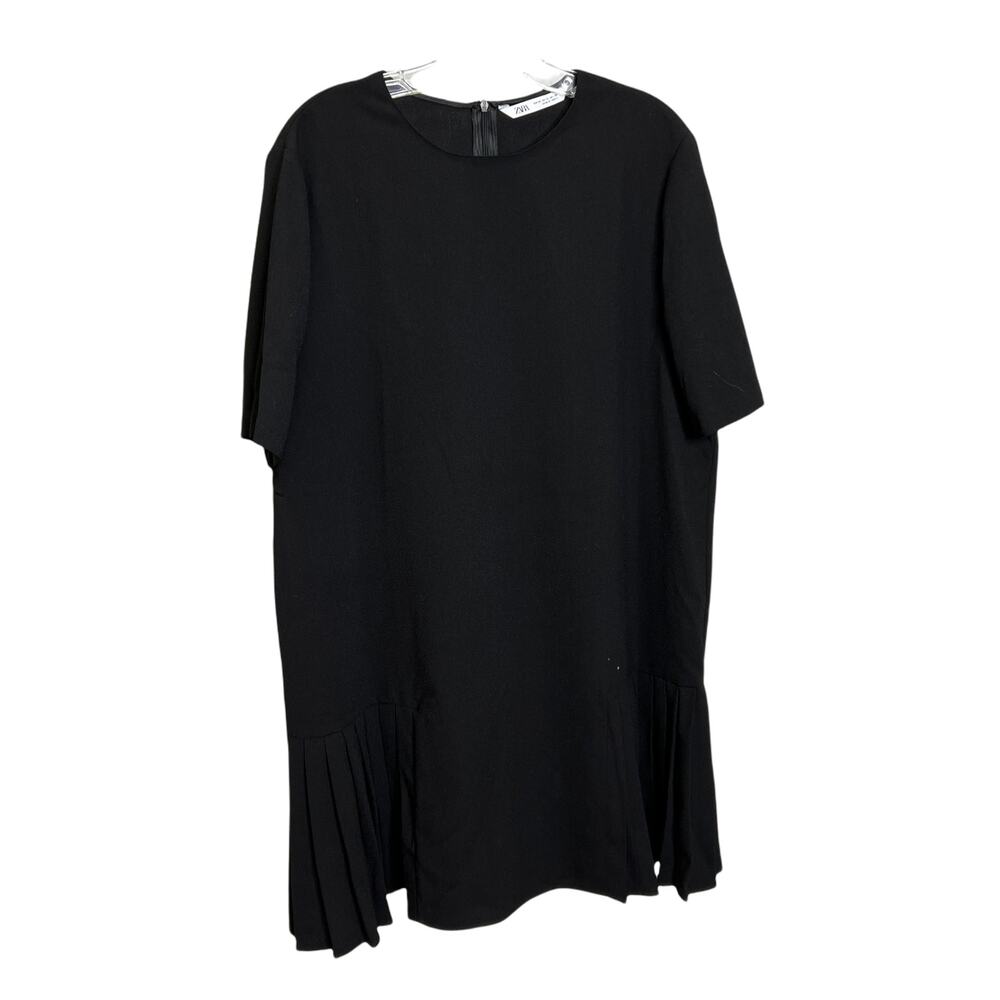 Zara Women's Sz XL Little Black Dress Short Sleeve Pleated Drop Waist Back Zip